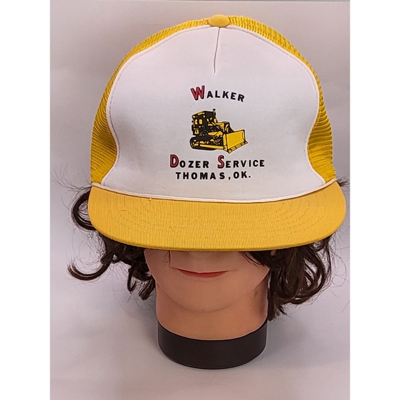 Vintage Walker Dozer Service Trucker Hat Cap Thomas OK Yellow White 80s Workwear - Picture 1 of 8